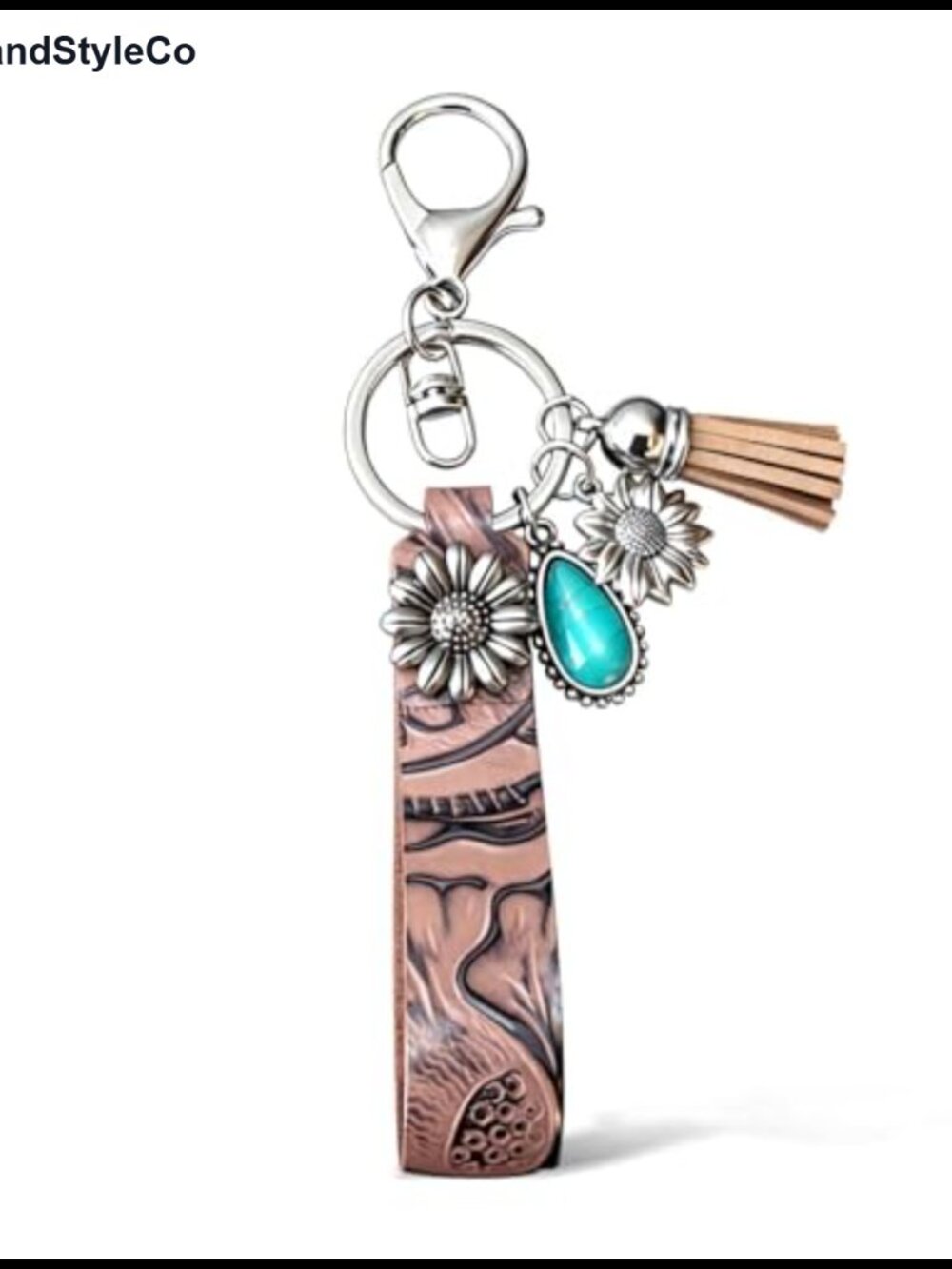 Genuine Turquoise Leather Tassel Keychain Bag Charm Silver-Tone